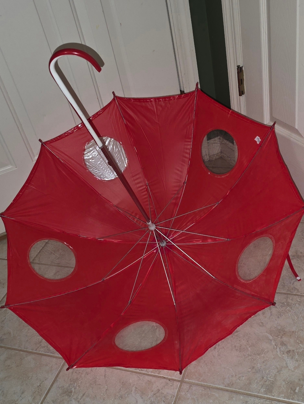 VINTAGE CUTE DOTS RED UMBRELLA PARASOL CANDY CANE HANDLE  CRAZY GOOD SHAPE😇